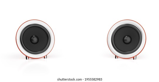 Two Round Audio Speakers Isolated On White Background. 3d Illustration