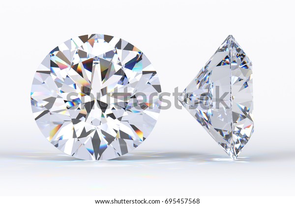 Two round brilliant cut diamonds, close-up\
side and front view with light shadow on white background. 3D\
rendering\
illustration