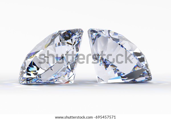 Two round\
brilliant cut diamonds, close-up side view with light shadow on\
white background. 3D rendering\
illustration