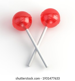 Two Round candy on white stick isolated on white. Pair of sweet red lollipops - 3d rendering