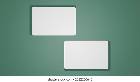 Two Rounded Business Cards On Green Background. 3d Render Business Card Mockup