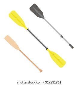 Two Rowing Oars Isolated. Wooden Oar. Grey And Yellow,  Plastic Oar. Boat Oar