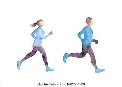 Two Running People (man And Woman. Watercolor Isolated On White Background