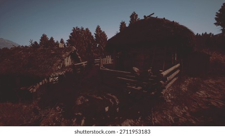 Two rustic cabins surrounded by tall pine trees create a serene atmosphere during dusk, with the fading light casting shadows on the ground. This peaceful location invites contemplation.