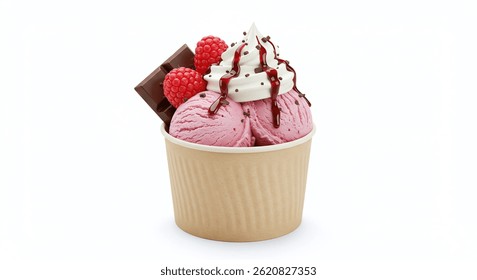 Two scoops of pink raspberry ice cream topped with whipped cream, chocolate shavings, raspberry garnish, and chocolate syrup in a paper cup.