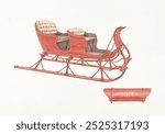 Two Seated Sleigh (ca.1939) by Rolland Ayres. Victorian style sleigh vehicle drawing. Vintage art drawing illustration, old sleigh painting art print. Vehicle illustration.