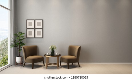 two seats armless cozy livingroom at tea time with clear glass window moutain view - 3D rendering