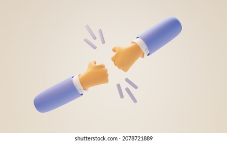 Two Short Cartoon Hands Fist Bump. Greeting Gesture, Together Punching Each Other Or Handshake. Small Business Arms In Blue Sleeve, 3d Render Illustration. Clip Art Isolated On Beige Background