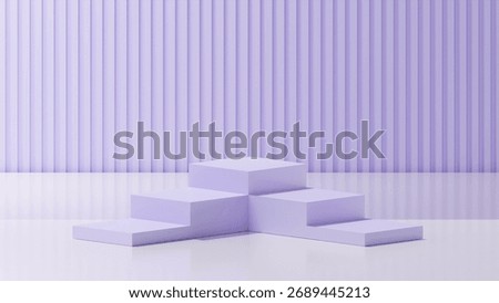 A two sided tiered cube podium in Lilac on a White base. Background with a Lilac rectangular pattern.