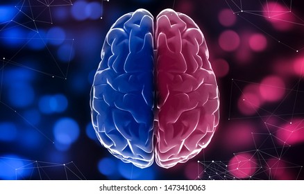 Two Sides Of Human Mind. Blue And Red Halves Of Brain, Blurred Lights Background, 3D Illustration