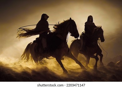 Two Silhouette Riders On Horses, Riding Away From The Sunset Across Waves In An Epic Wallpaper Illustration. Cinematic Digital Art Featuring Two Soldier Paladins On Dark Horses In The Sea.