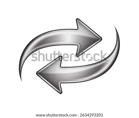 Two silver, curved arrows face opposite directions on a white background. The arrows are shiny and metallic, conveying a sense of exchange, reversal, or rotation.