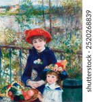 Two Sisters (On the Terrace) (1881) by Pierre-Auguste Renoir. Vintage sisters with basket art drawing illustration, old sisters at terrace painting, Pierre-Auguste Renoir art print.