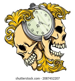 Two Skull   clock and baroque style decorations illustration