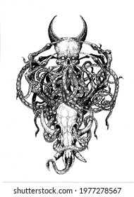 two skulls with horns entwined with tentacles, ink drawing.