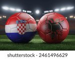 Two soccer balls in flags colors on a stadium blurred background. Group B. Croatia and Albania. 3D image.
