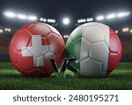 Two soccer balls in flags colors on a stadium blurred background. Switzerland and Italy. 3D image.	
