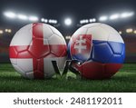 Two soccer balls in flags colors on a stadium blurred background. England vs Slovakia. 3D image.	