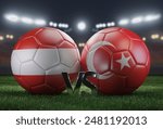 Two soccer balls in flags colors on a stadium blurred background. Austria vs Turkey. 3D image.	