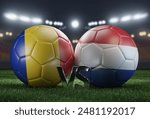 Two soccer balls in flags colors on a stadium blurred background. Romania vs Netherlands. 3D image.