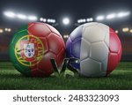 Two soccer balls in flags colors on a stadium blurred background. Portugal vs France. 3D image.