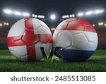 Two soccer balls in flags colors on a stadium blurred background. England vs Netherlands. 3D image.