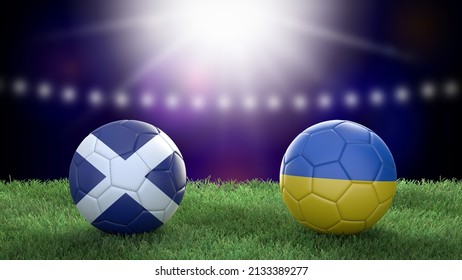 Two Soccer Balls In Flags Colors On Stadium Blurred Background. Scotland Vs Ukraine. 3d Image