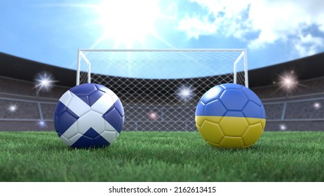 Two Soccer Balls In Flags Colors On Stadium Blurred Background. Scotland And Ukraine. 3d Image