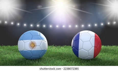 Dos pelotas de fútbol con banderas de colores en el estadio desdibujaron el fondo. Argentina vs Francia. 3.ª imagen