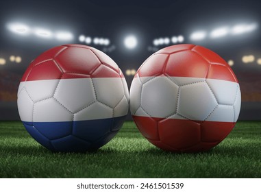 Two soccer balls in flags colors on a stadium blurred background. Group D. Netherlands and Austria. 3D image. - Powered by Shutterstock