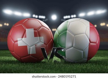 Two soccer balls in flags colors on a stadium blurred background. Switzerland and Italy. 3D image.	
 - Powered by Shutterstock