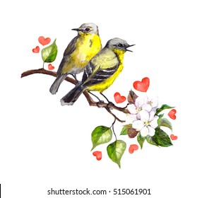 Two Song Birds In Love On Spring Twig With Flowers And Hearts. Watercolor For Save Date Design, Valentine Day