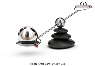 Two Spheres With Different Sizes On A Seesaw Over White Background, Imbalance Concept Or Symbol