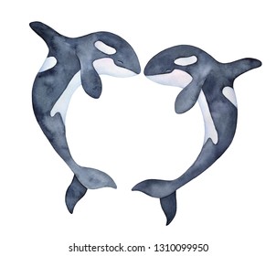 Two spotted jumping ocean orcas shaped as love heart silhouette. Cute, romantic characters. Handdrawn water color graphic drawing on white, isolated element for design, decoration, templates, prints. - Powered by Shutterstock