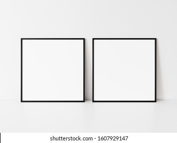 Two Square Black Frame Mockup. Set Of Two Black Frame Mock Up Poster. 2 Square Frame 3d Illustrations.