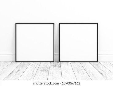 Two Square Black Frame Mockups. Double Black Frame Posters On Clean White Wall And White Wooden Floor.	