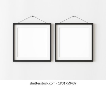 Two Square Blank Picture Frame For Photographs. Isolated Black Picture Frame Mockup Template On White Background. 3D Illustration