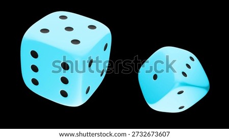 Two standard six-sided colored dice being rolled, with their faces visible. The colored dice in flight after being rolled.