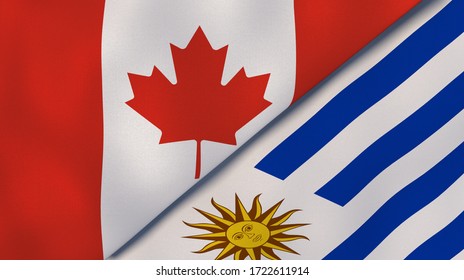 Two states flags of Canada and Uruguay. High quality business background. 3d illustration