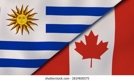 Two states flags of Uruguay and Canada. High quality business background. 3d illustration