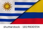 Two states flags of Uruguay and Colombia. High quality business background. 3d illustration