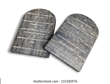 Two stone tablets with the ten commandments inscribed on them on an isolated background