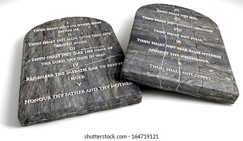 Two stone tablets with the ten commandments inscribed on them on an isolated background 