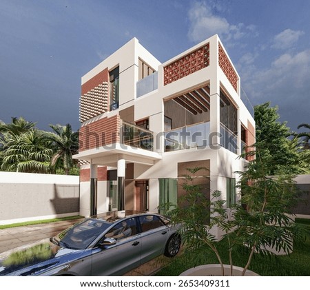Two storied duplex building 3d illustration with car green trees and cloudy sky