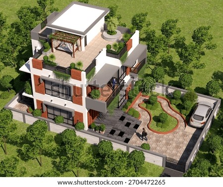 Two Storied Duplex Building 3D Rendering with Car, People and Detailed Roof Design. This 3D rendering features a modern two-storied duplex building with realistic architectural detailing,  