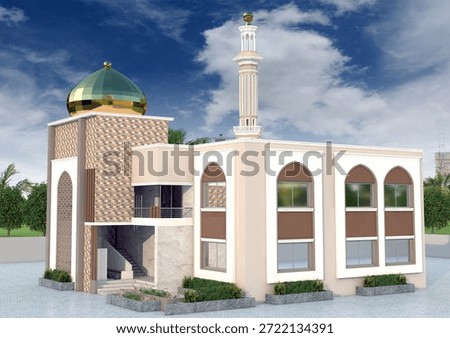 Two Storied Duplex Mosque 3D Illustration Right Side View with Blue Sky and Trees. This high-quality 3D illustration showcases a beautiful two storied duplex mosque captured from the right side.