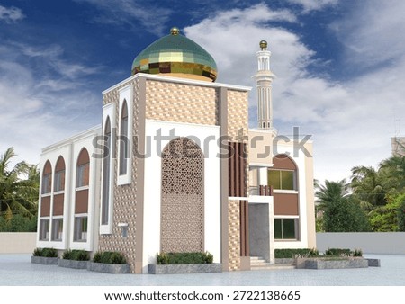 Two Storied Duplex Mosque 3D Illustration with Natural Trees and Blue Sky, This high-quality 3D illustration features a beautifully designed two storied duplex mosque set in a calm and natural .