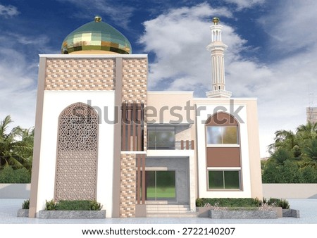 Two Storied Duplex Mosque Front View 3D Illustration with Blue Sky and Trees, This high-quality 3D illustration presents a beautiful two storied duplex mosque viewed from the front side, set against .