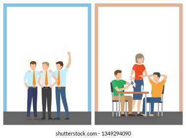 Two strategy teamwork posters raster illustration with two worker groups, text sample, chairs and table isolated on white background with color frames - Powered by Shutterstock - Get 15% off with code: PIKWIZARD15