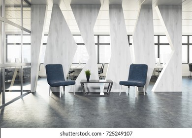 Zwei stylische blaue Sessel stehen neben einem Couchtisch in einer Wartezone im Büro. Ein Raum im Freien befindet sich im Hintergrund. 3D-Rendering-Modell
